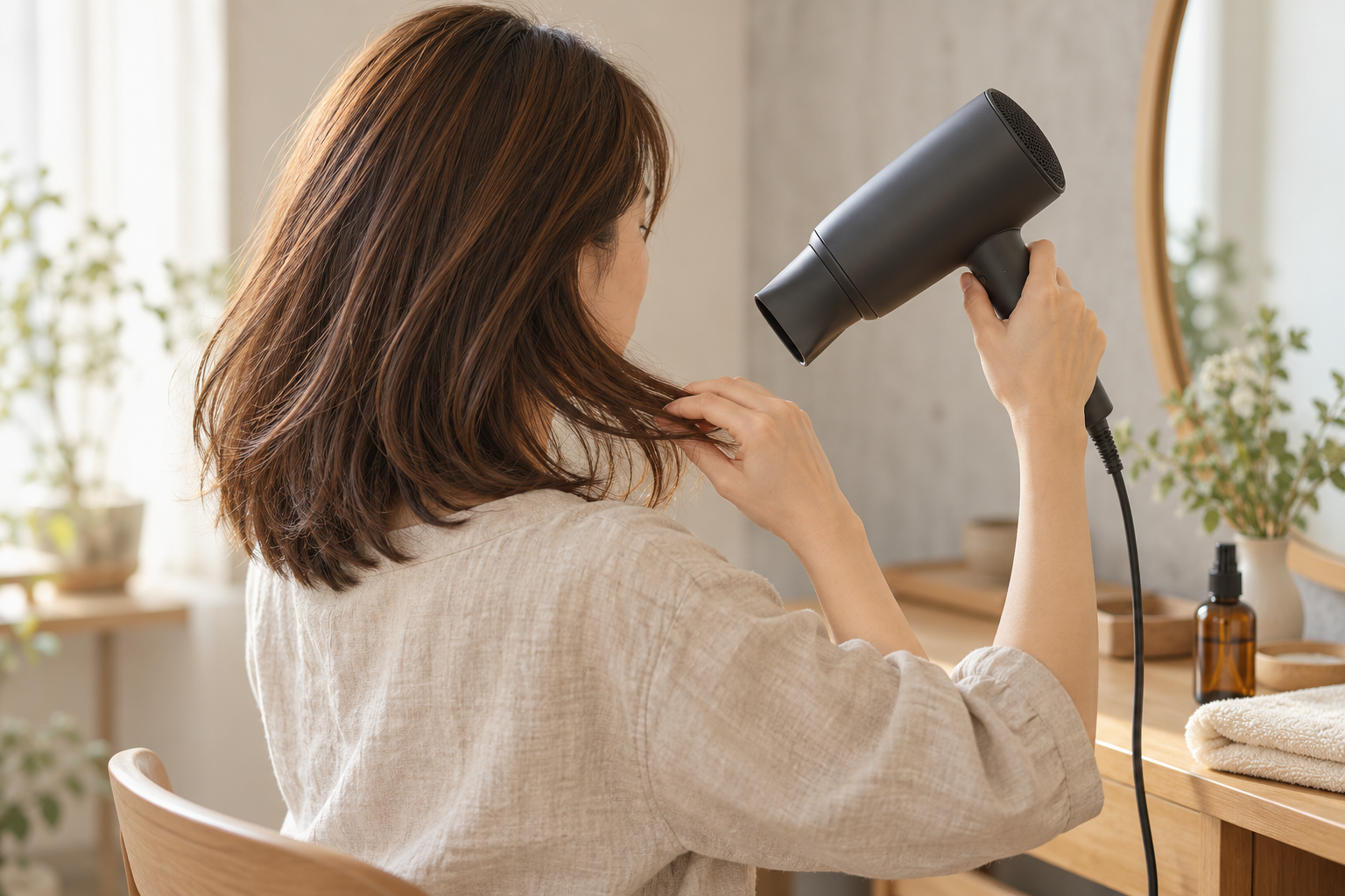 ドライヤーをかける女性